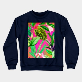 Stylish Tropical floral leaves and foliage botanical illustration, botanical pattern, tropical plants, pink orange leaves pattern over a Crewneck Sweatshirt